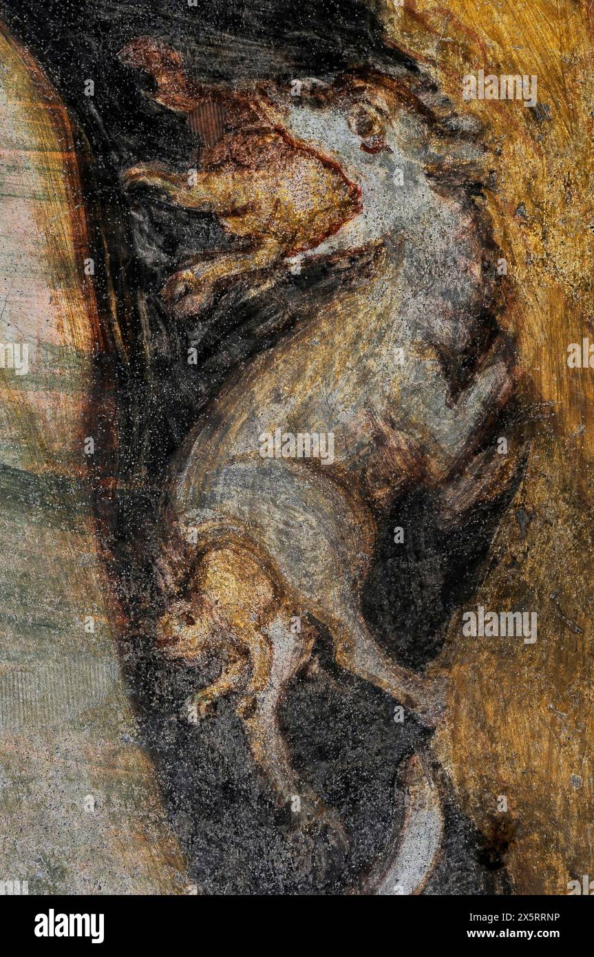 Il mostro ingerisce ed espelle le sue prede. Affresco nel chiostro del XII secolo adiacente al Duomo di Santa Maria Assunta a Bressanone-Bressanone, in alto Adige, Trentino-alto Adige. Foto Stock