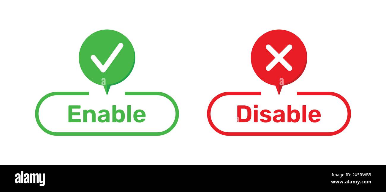 Simboli corretti e errati con i pulsanti Abilita e Disabilita di colore verde e rosso. Pulsanti di attivazione e disattivazione con simboli corretti e errati. Spuntare e incrociare. Illustrazione Vettoriale