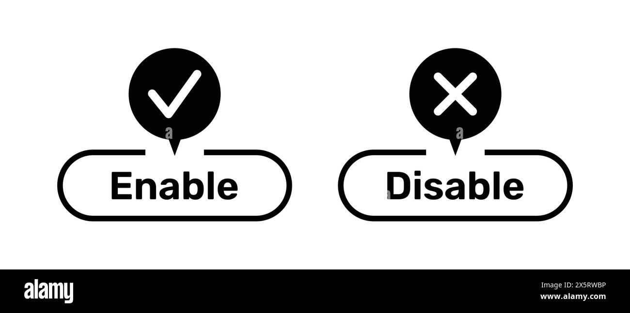 I simboli corretti e errati con i pulsanti Abilita e Disabilita sono di colore nero. Pulsanti di attivazione e disattivazione con simboli corretti e errati. Simboli di spunta e croce. Illustrazione Vettoriale