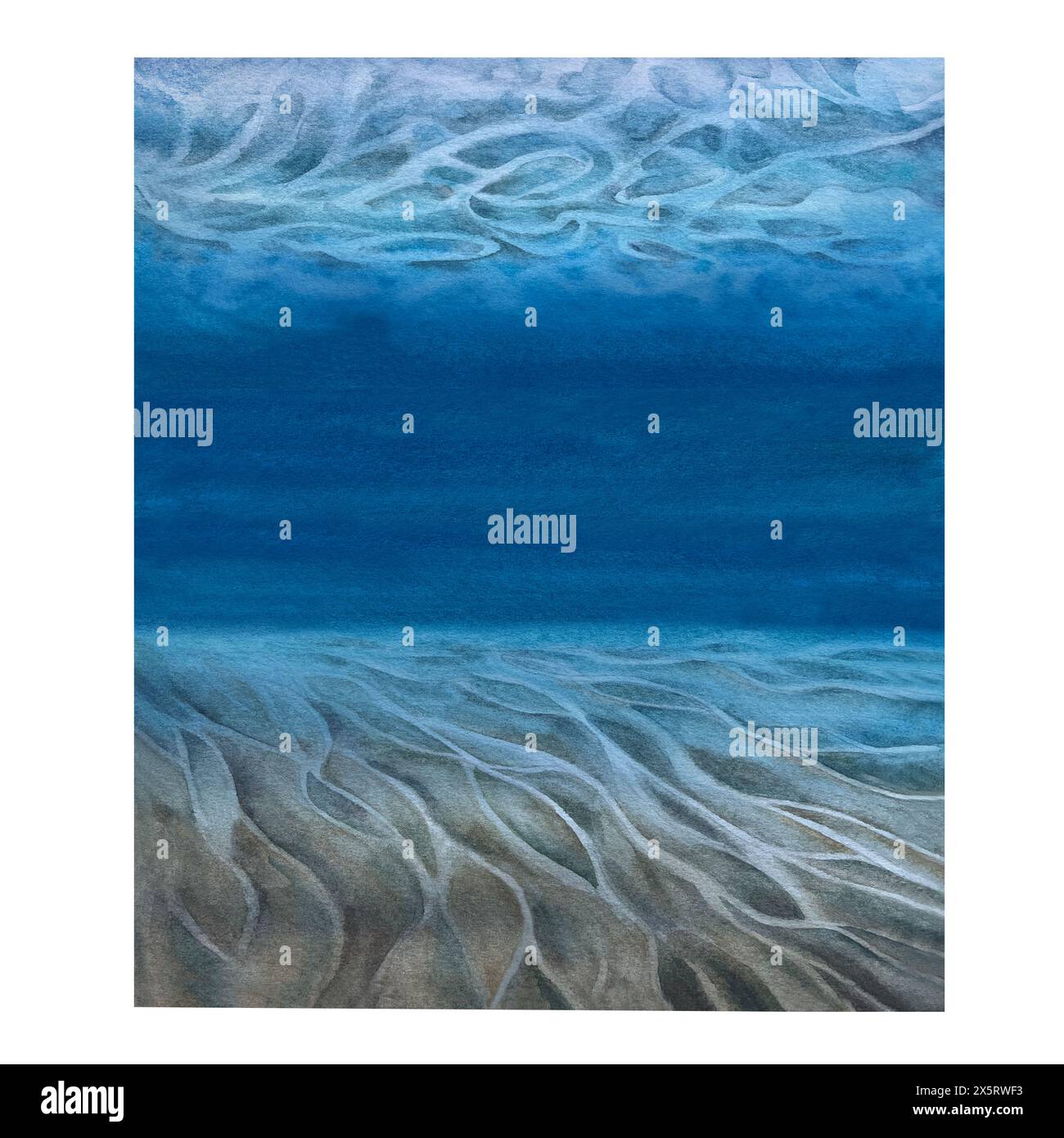 Vista mare con sabbia e pietre sul fondo marino sotto l'acqua blu, cielo luminoso per un modello di design realistico e astratto. Illustrazione acquerello Foto Stock