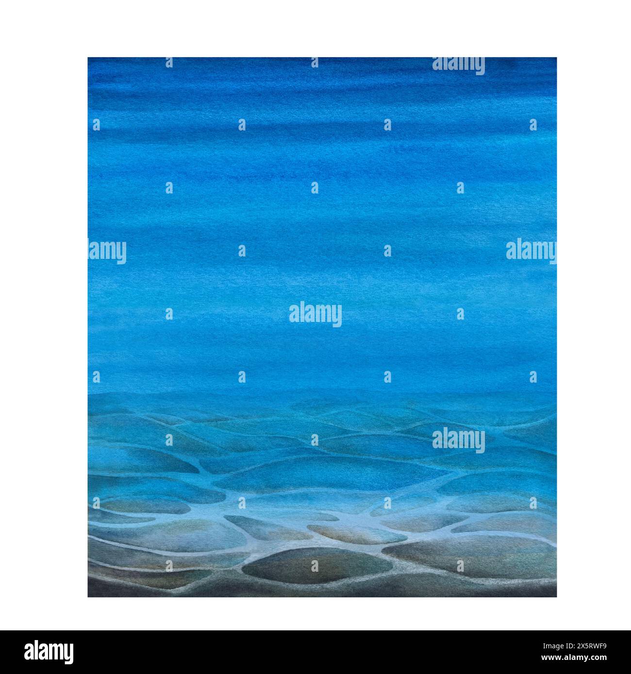 Vista mare con sabbia e pietre sul fondo marino sotto l'acqua blu, cielo luminoso per un modello di design realistico e astratto. Illustrazione acquerello Foto Stock