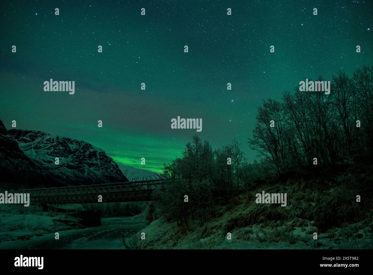 Aurora boreale sulle montagne innevate, Tromso, Norvegia Foto Stock