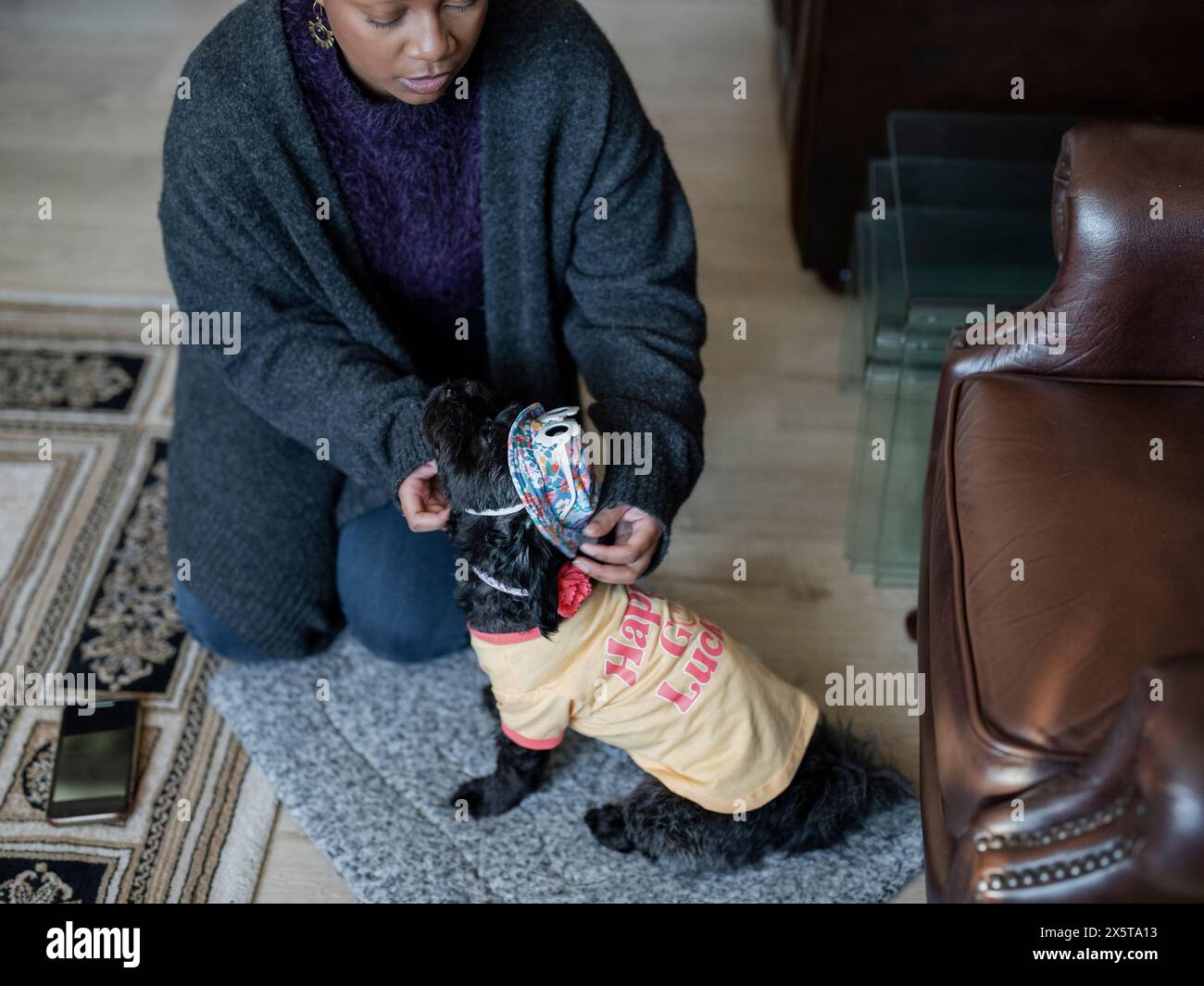 Donna che indossa Shih Tzu Poodle seduto sul tappeto a casa Foto Stock