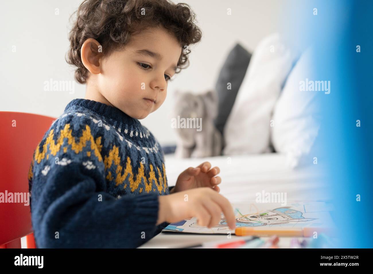 Ragazzo (2-3) colorare in un libro da colorare a casa Foto Stock