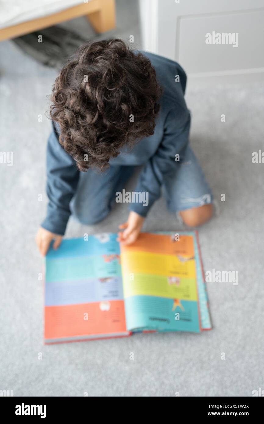 Vista dall'alto del libro di lettura di un ragazzo (6-7) a casa Foto Stock