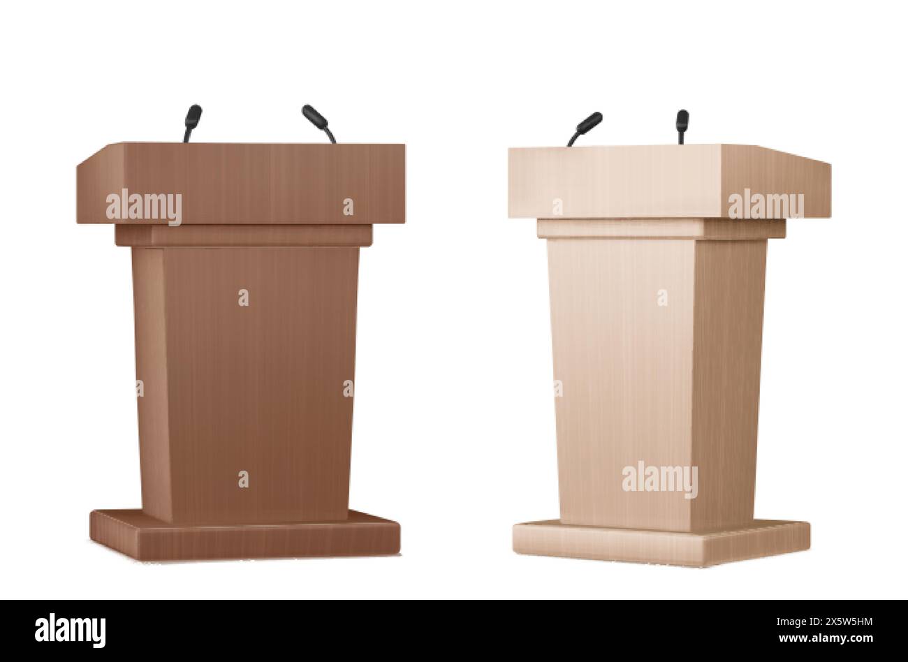 Pulpito in legno marrone con microfono per il concetto di discorso o dibattito. Set realistico di illustrazioni vettoriali 3d con mockup di podio per conferenze in legno per la stampa Illustrazione Vettoriale