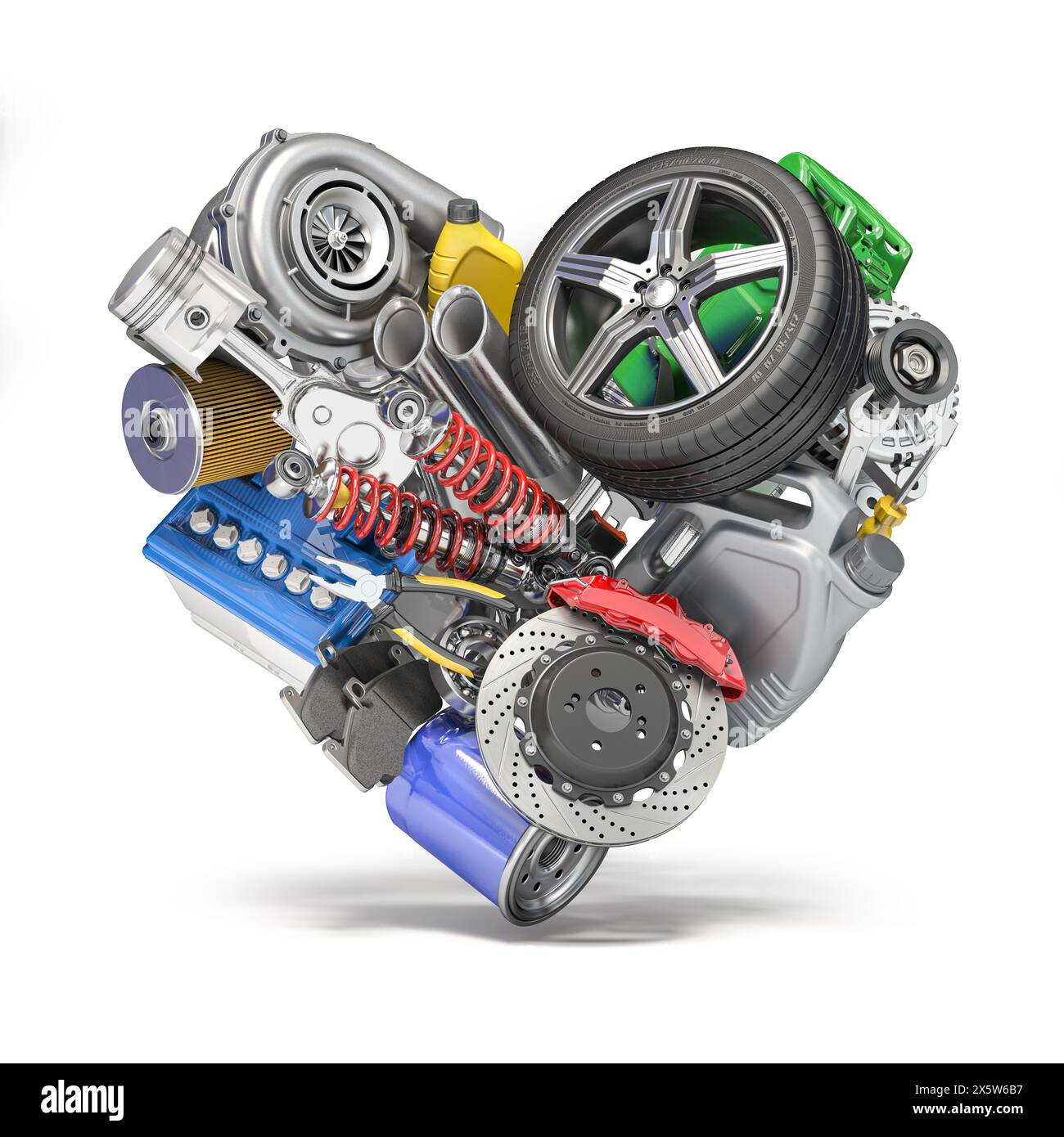 Ricambi auto e ricambi auto in una forma di cuore isolato sul bianco. illustrazione 3d. Foto Stock