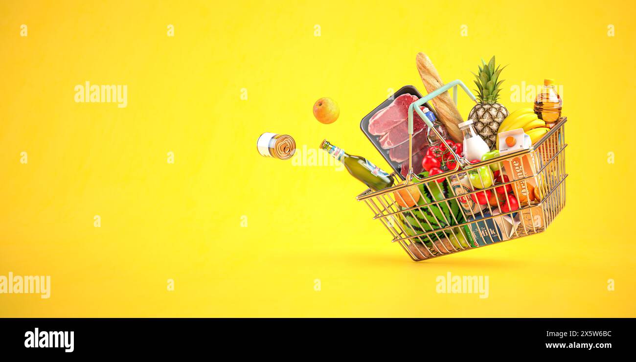 Cestino pieno di prodotti alimentari, cibo e bevande su sfondo giallo. illustrazione 3d. Foto Stock