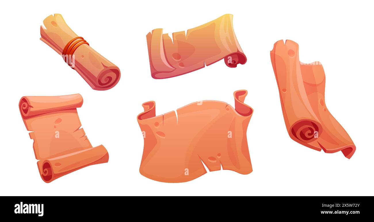 Pergamena di gioco magico per trovare la vecchia mappa con il tesoro. Set icone telaio rullo papiro. Vecchia carta vuota della procedura guidata per la clipart del messaggio o dell'annuncio. Em Illustrazione Vettoriale