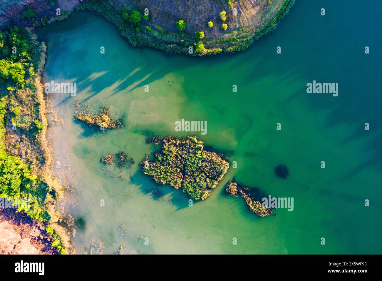 Questa vista aerea mostra un corpo d'acqua, un lago in Svezia, annidato in una fitta foresta di alberi verdi. Il lago calmo riflette la vegetazione lussureggiante Foto Stock