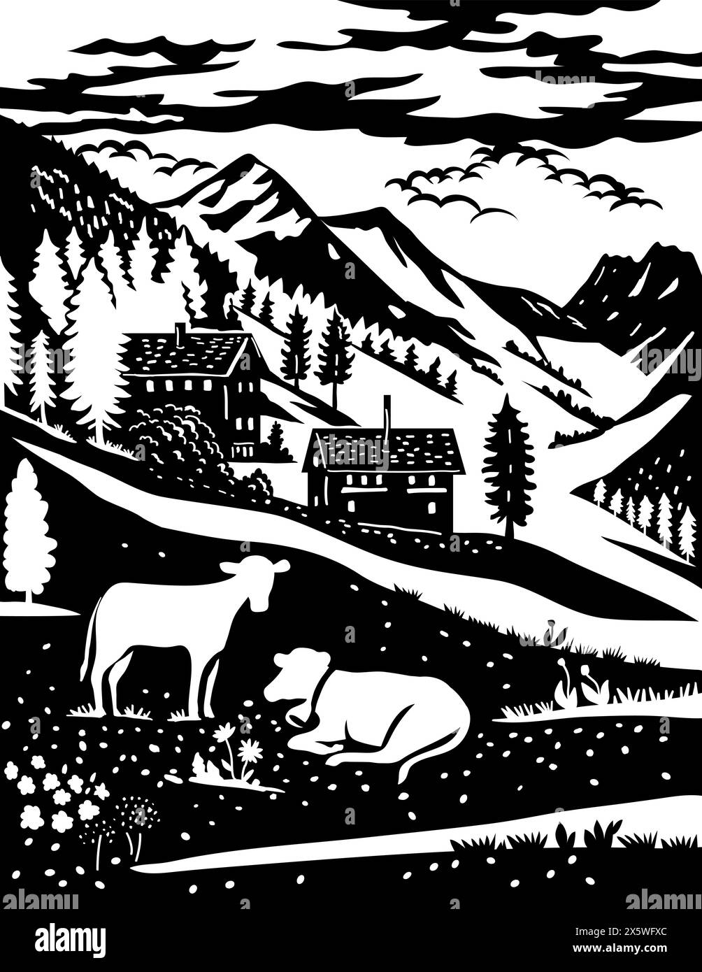 Illustrazione svizzera di scherenschnitte o forbici tagliate con sagoma del Parco naturale di Binntal con chalet, mucca nel villaggio di Binn, Ernen, Greng Illustrazione Vettoriale