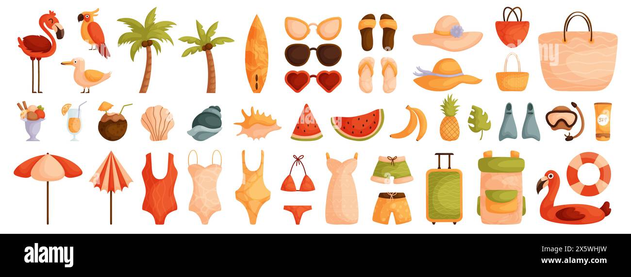 Ampio set di elementi sul tema dell'estate, dei viaggi e delle vacanze. Cartone animato piatto. Costumi da bagno, conchiglie e bevande estive. Cappelli, occhiali da sole e borse per Illustrazione Vettoriale