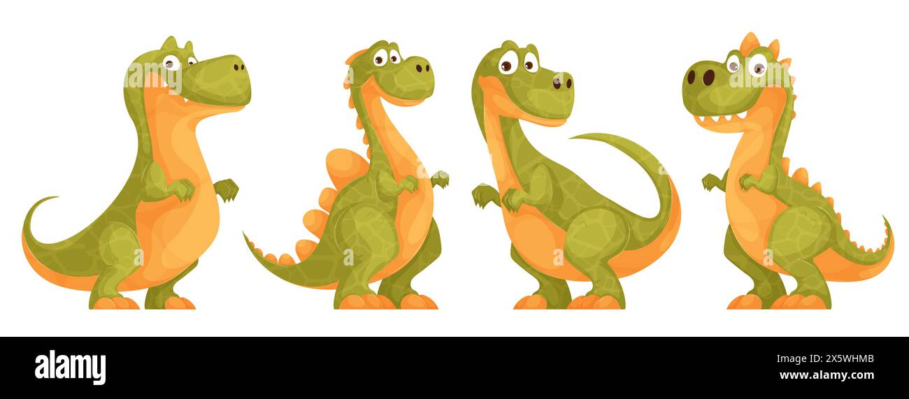 Set di simpatici dinosauri verdi. Un divertente e divertente dinosauro cartoni animati con un aspetto eccentrico e scale gialle. Animale preistorico e primitivo raffigurato Illustrazione Vettoriale