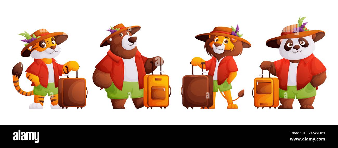 Serie di viaggiatori animati. Un leone, un orso, una tigre, un panda con una maglietta rossa estiva, pantaloncini verdi e un cappello con piume stanno tenendo una valigia Illustrazione Vettoriale