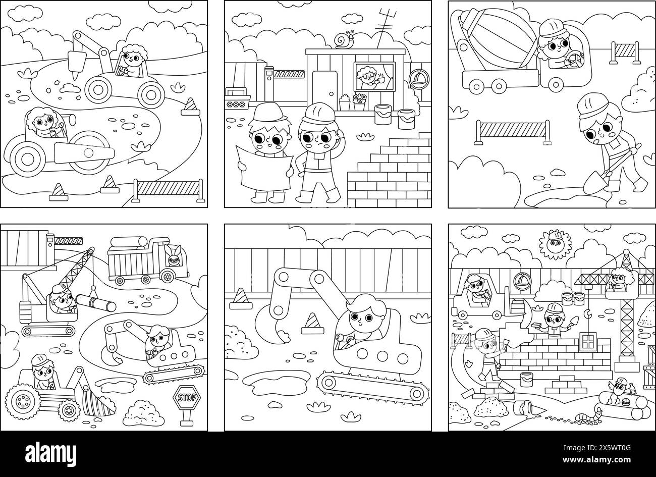 Set di illustrazioni paesaggistiche vettoriali in bianco e nero per cantieri edili. Collezione di scene in linea con lavoratori di bambini, veicoli, lavori stradali, costruzione di mattoni Illustrazione Vettoriale
