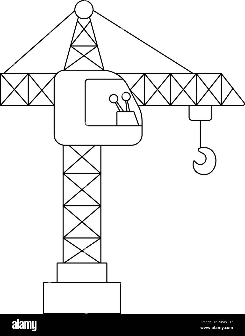 Gru di sollevamento Vector nera e bianca con gancio. Icona cantiere, linea di lavoro stradale. Clipart dei trasporti edili. Carino illustre trasporto speciale Illustrazione Vettoriale