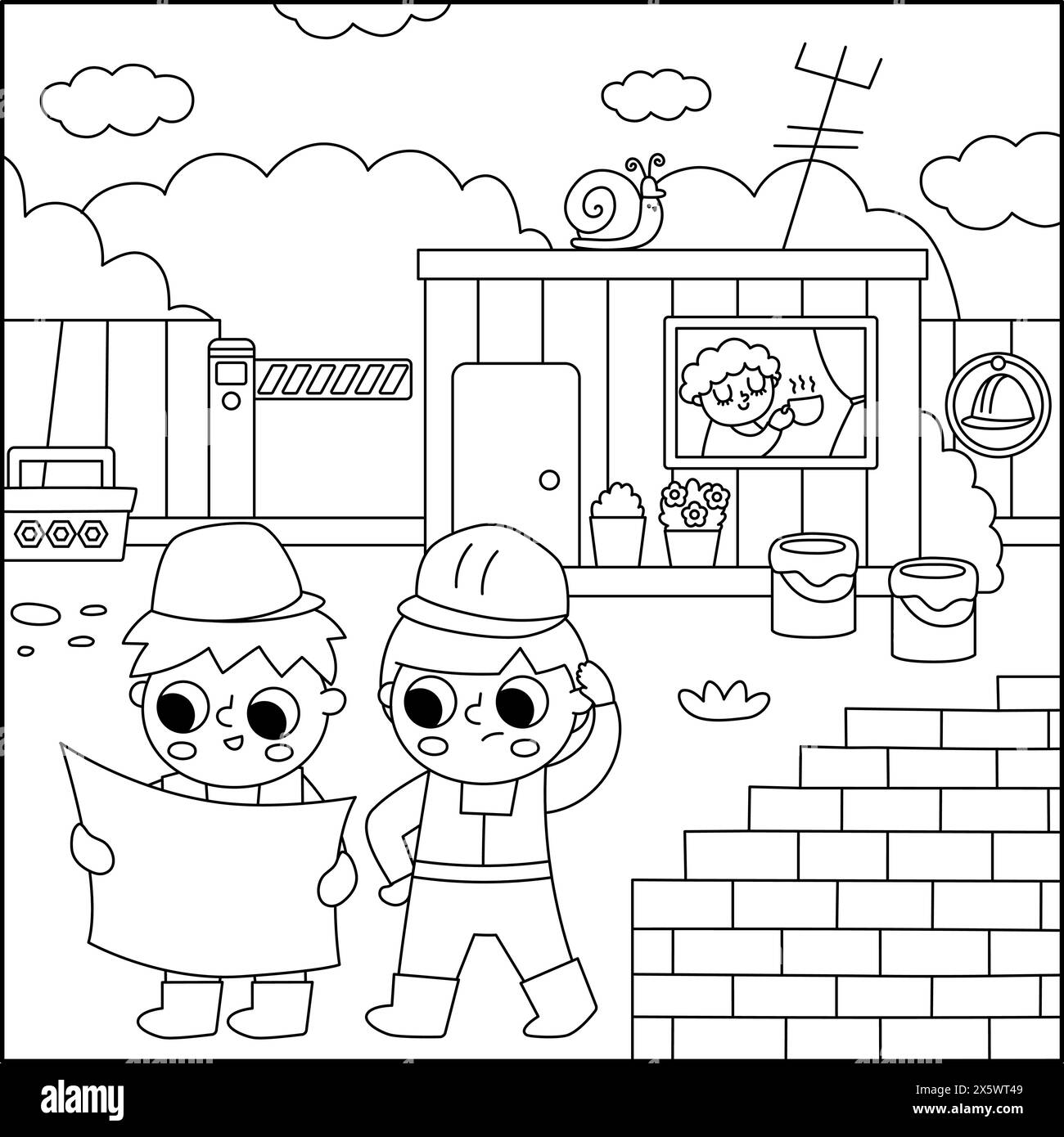Illustrazione orizzontale del cantiere in bianco e nero vettoriale. In linea con i bambini lavoratori che guardano il piano. Sfondo quadrato, pagina da colorare con Illustrazione Vettoriale