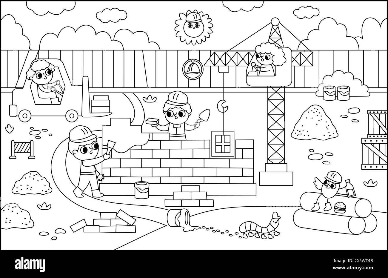 Illustrazione orizzontale del cantiere in bianco e nero vettoriale. Allinea la scena con i lavoratori che costruiscono una casa in mattoni. Sfondo orizzontale, colorazione p Illustrazione Vettoriale