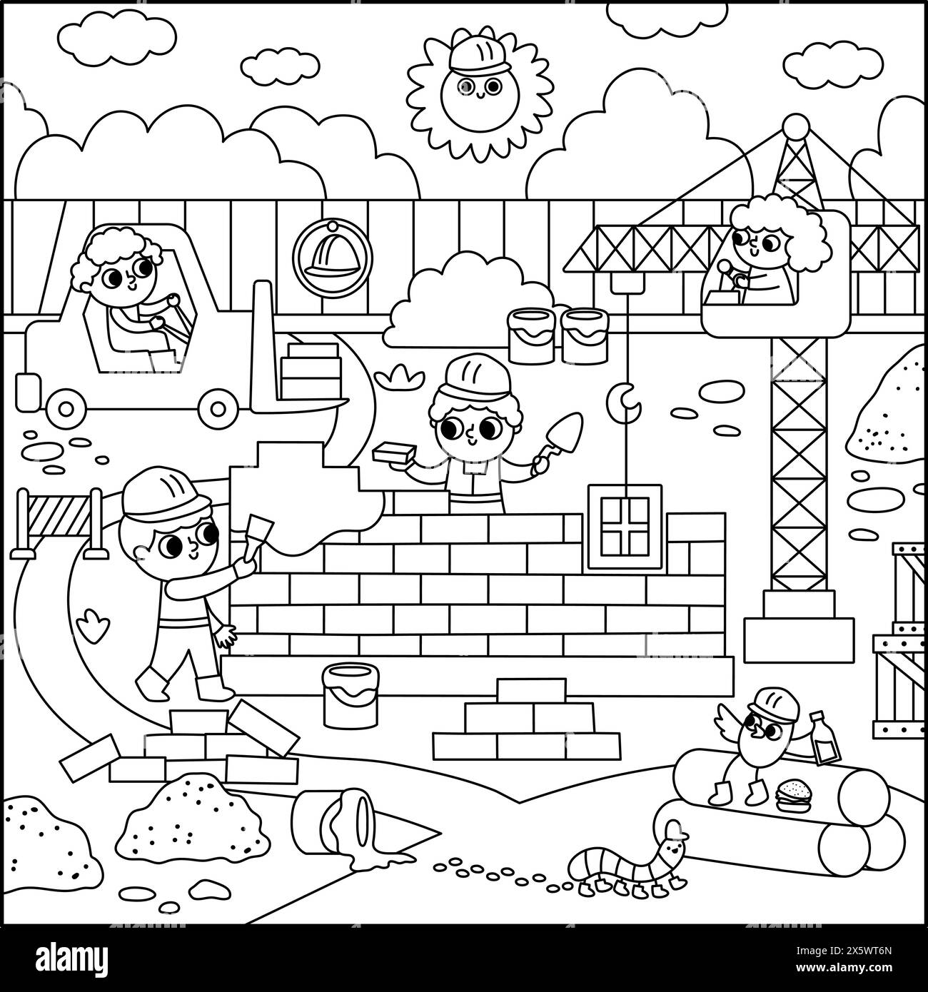 Illustrazione orizzontale del cantiere in bianco e nero vettoriale. Allinea la scena con i lavoratori che costruiscono una casa in mattoni. Sfondo quadrato o colorazione pag Illustrazione Vettoriale