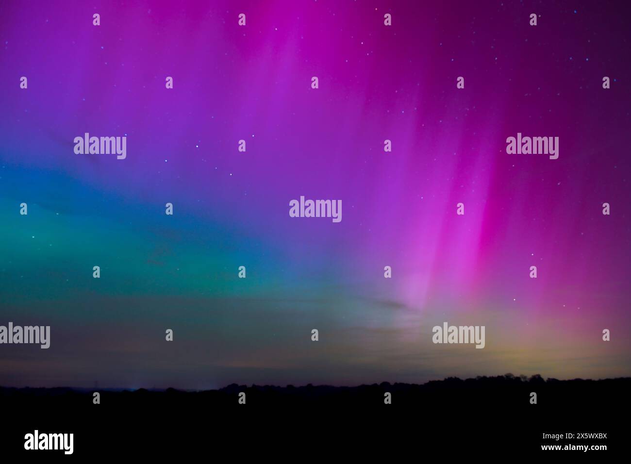 Una rara tempesta solare G5 rende visibile l'aurora boreale nell'Inghilterra meridionale, vista qui nei cieli del New Forest Hampshire England. Foto Stock