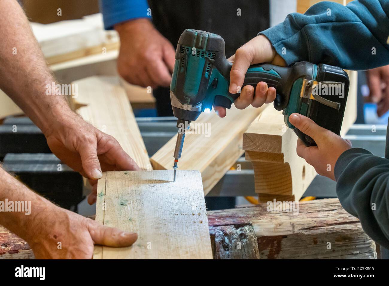 Inserire le viti in una scheda con un cacciavite elettrico in un'officina di carpenteria Foto Stock