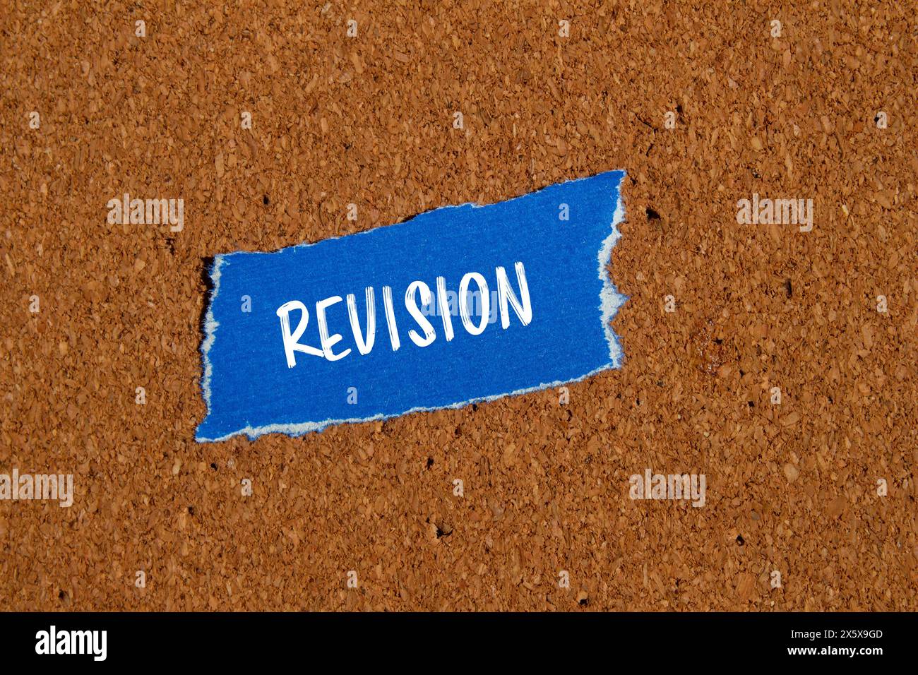 Parola di revisione scritta su un pezzo di carta blu strappato con sfondo marrone. Simbolo di revisione concettuale. Copia spazio. Foto Stock