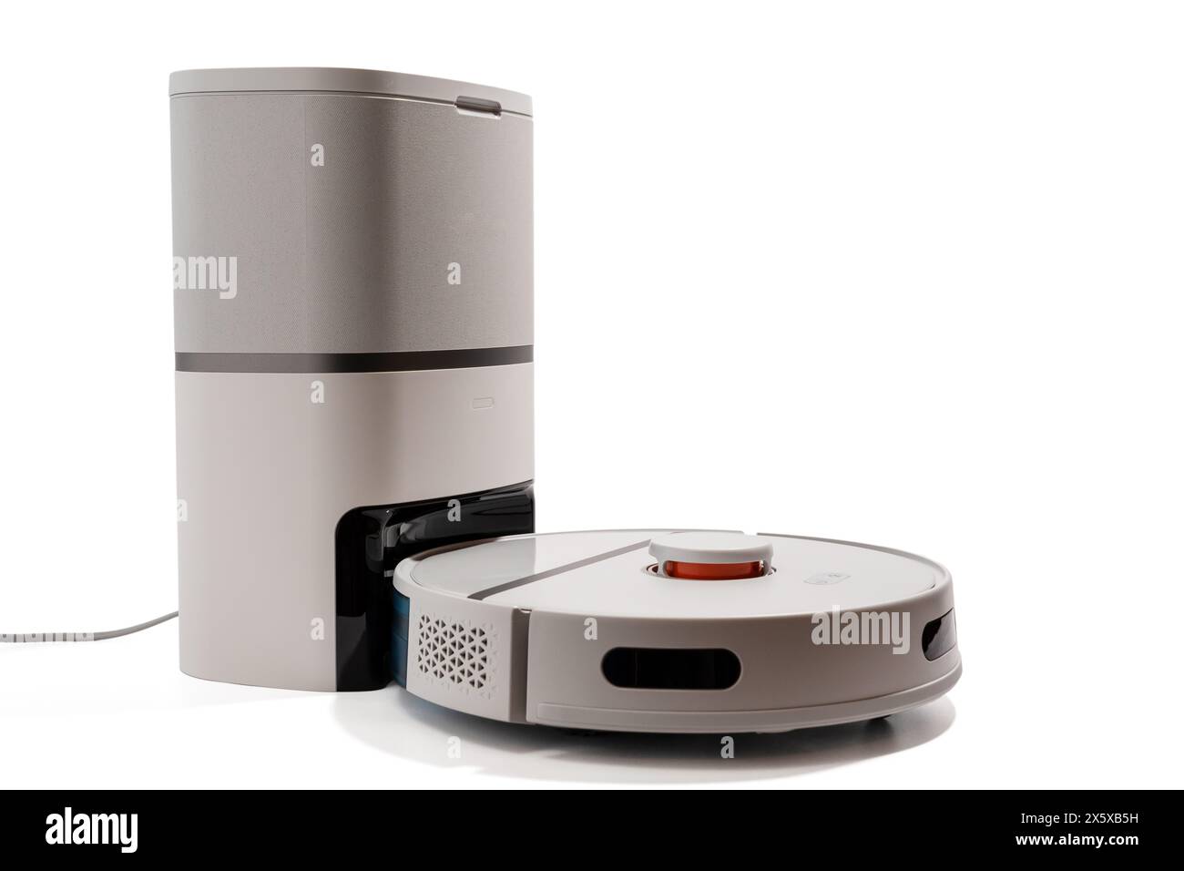 Un aspirapolvere robot bianco si trova accanto a un aspirapolvere robot grigio. Foto Stock