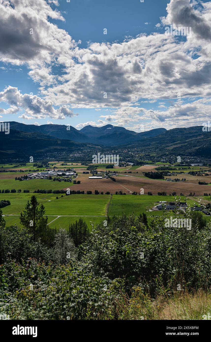 Estate su Sylte e Surnadal: High Angle View Norwegian Farmlands. Campi verdeggianti e case rurali incastonate nel paesaggio montano della Norvegia Foto Stock