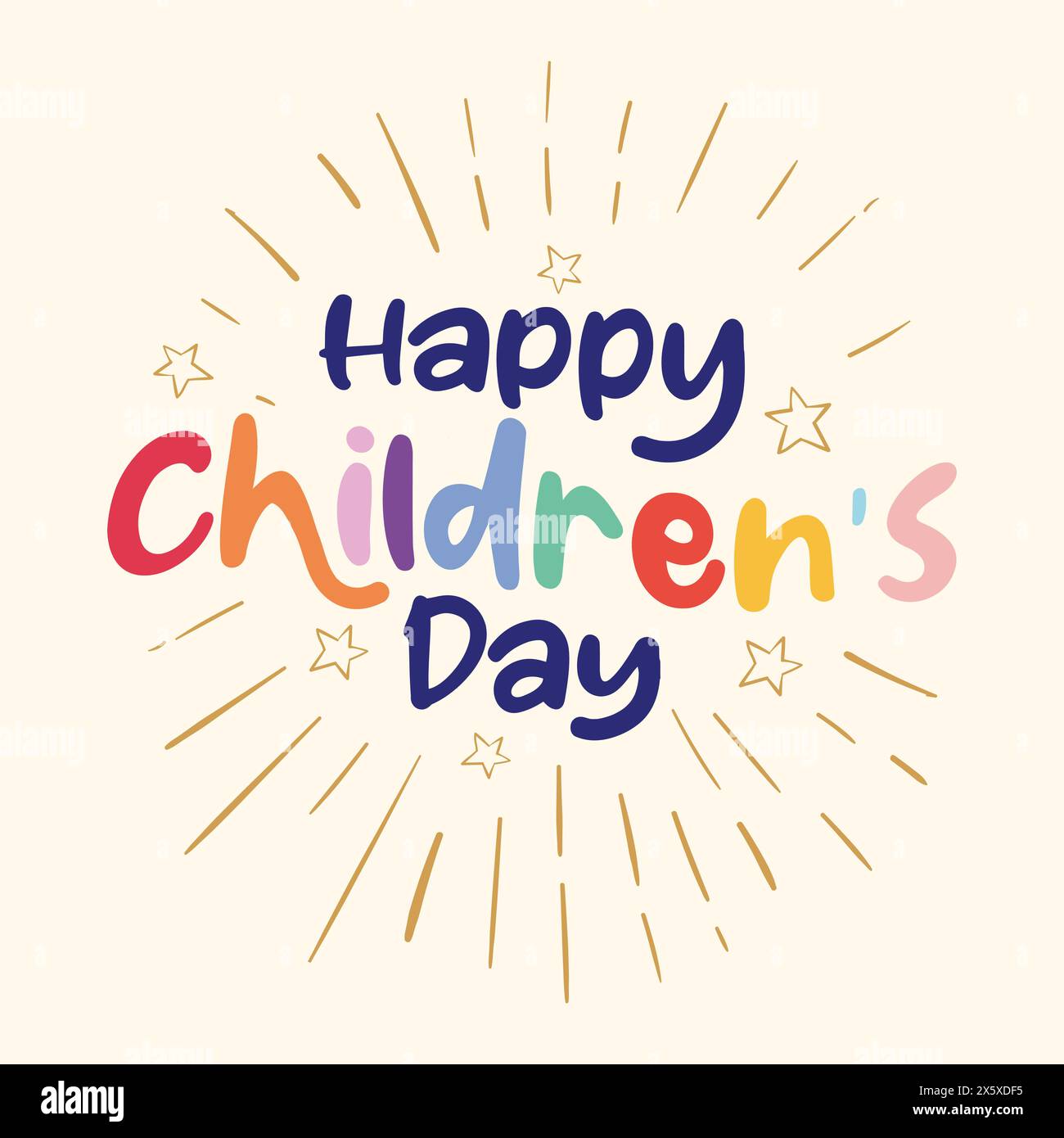 Happy Children's Day, biglietto di auguri tipografico colorato. Logo per bambini, adesivo, poster, banner, design del modello. Carini illu vettoriali per bambini Illustrazione Vettoriale