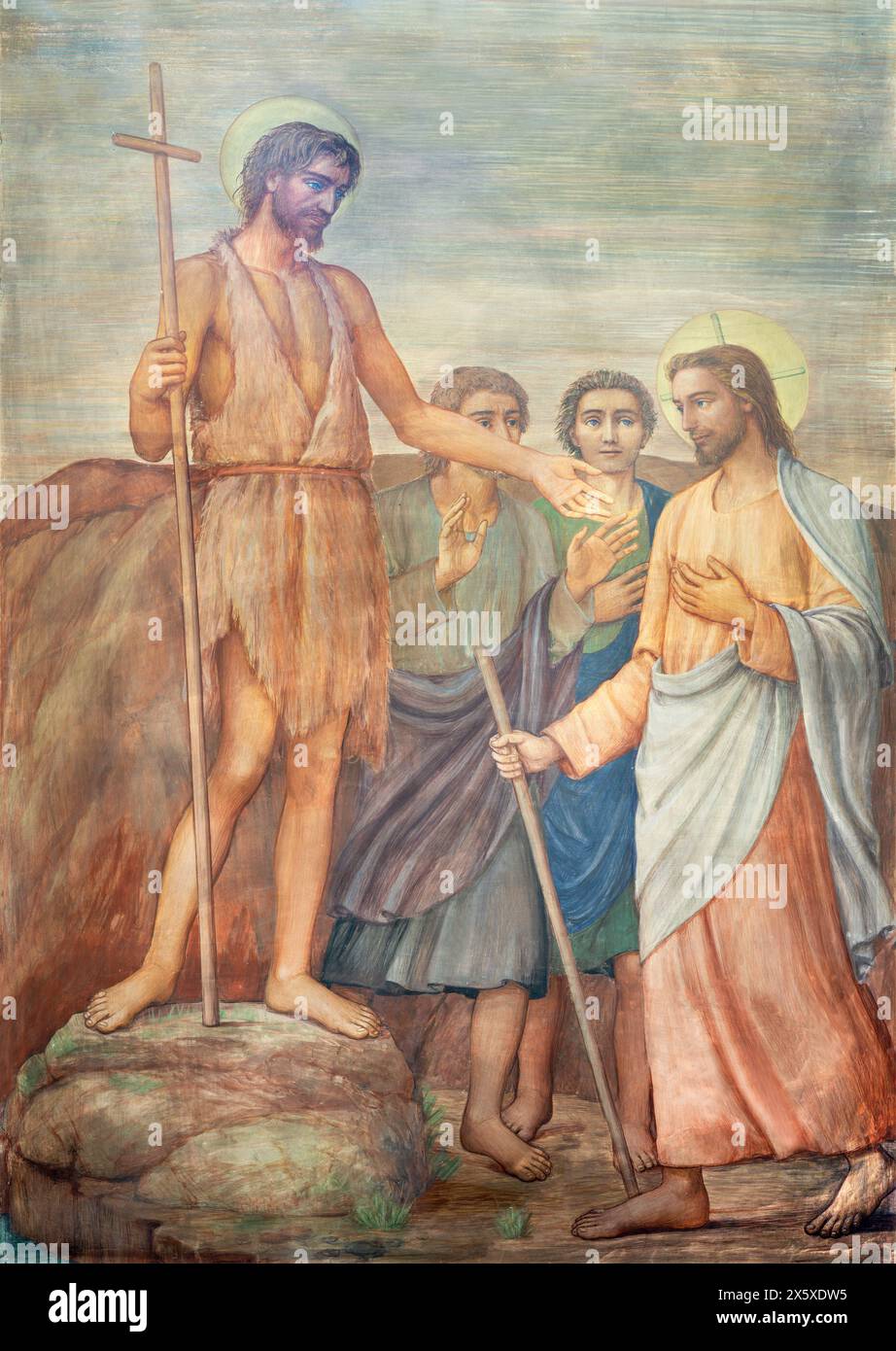 MILANO, ITALIA - 7 MARZO 2024: L'affresco "ecce agnus dei" (San Giovanni Battista mostra a Cristo Redentore) nella chiesa di San Vito Foto Stock