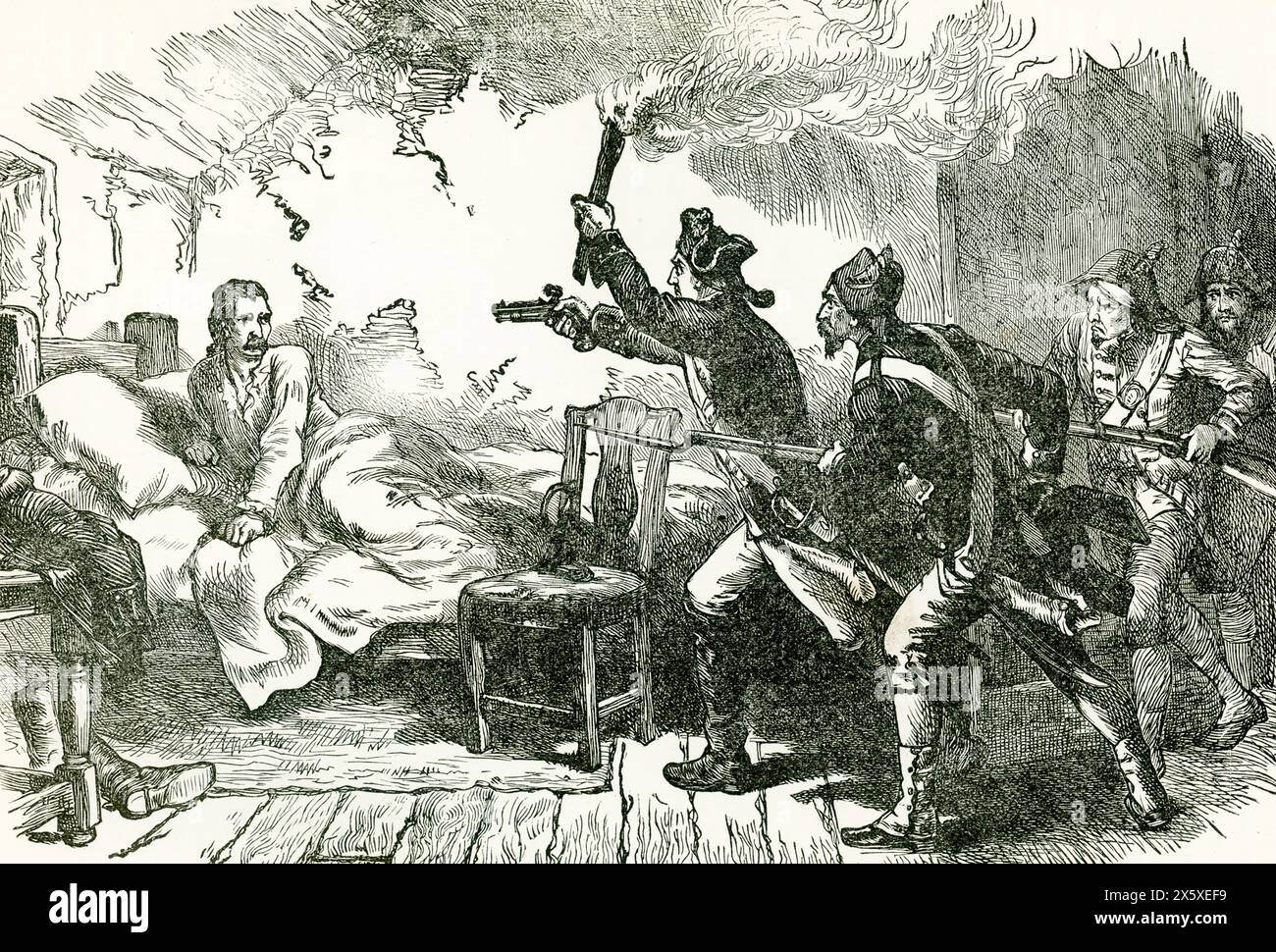 Questa illustrazione mostra l'arresto del generale Prescott, del tenente colonnello William Barton e di una forza di 40 uomini catturarono Prescott nei suoi alloggi a Prescott Farm nel Rhode Island il 10 luglio 1777 (visto qui) e lo portarono a Providence. Prescott fu infine trasferito e imprigionato nel Connecticut, dividendo il tempo tra East Windsor ed Enfield. Il tenente generale Richard Prescott (1725 – 1788) è stato un ufficiale britannico nato in Inghilterra. Foto Stock