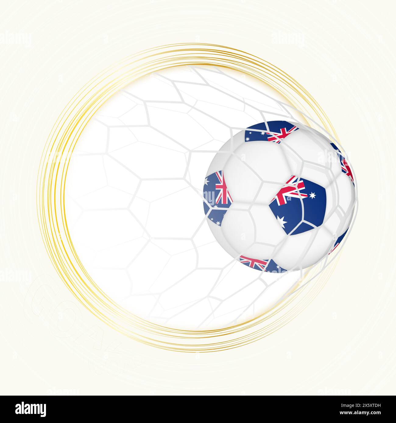 Emblema di calcio con palla da calcio con bandiera dell'Australia in rete, segnando gol per l'Australia. Emblema vettoriale. Illustrazione Vettoriale