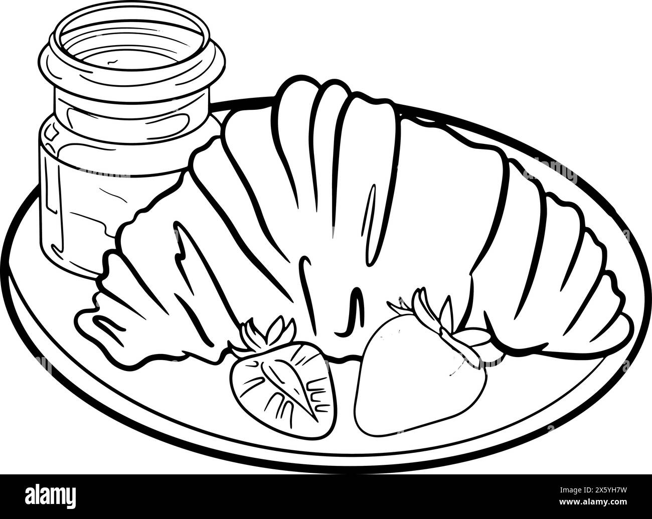 Set di illustrazioni grafiche colazione francese con croissant, marmellata e fragole Illustrazione Vettoriale