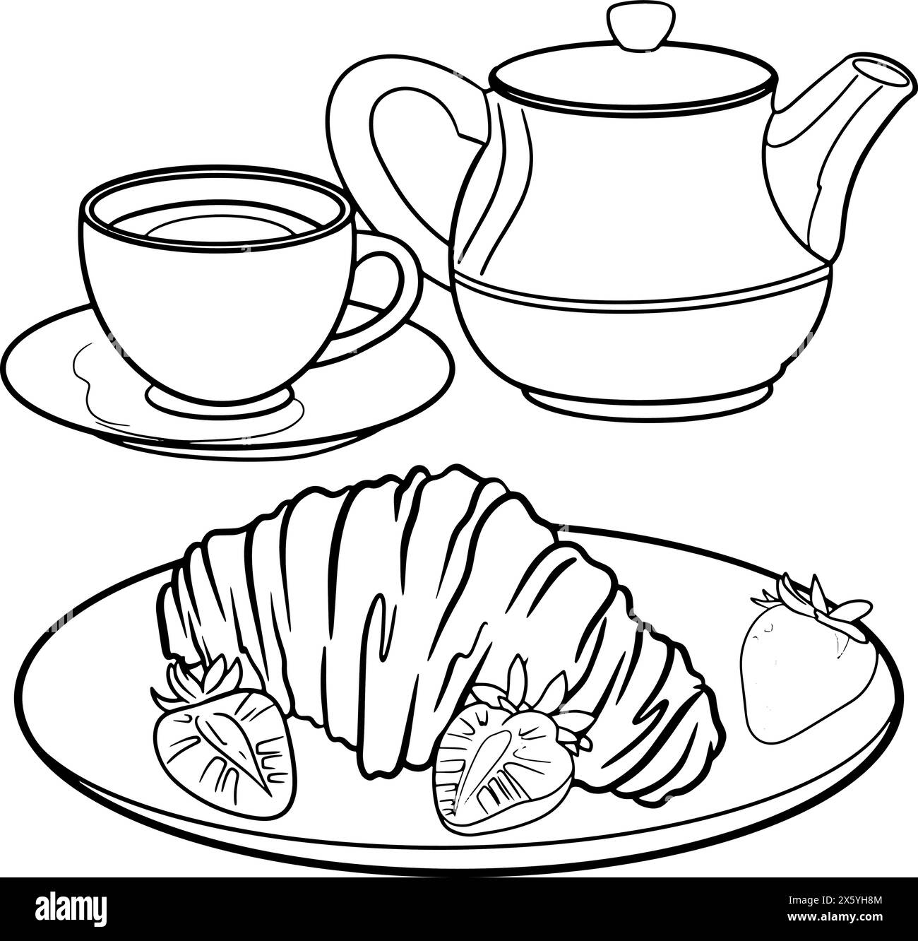 Set di illustrazioni grafiche colazione francese con croissant e fragole, tè Illustrazione Vettoriale