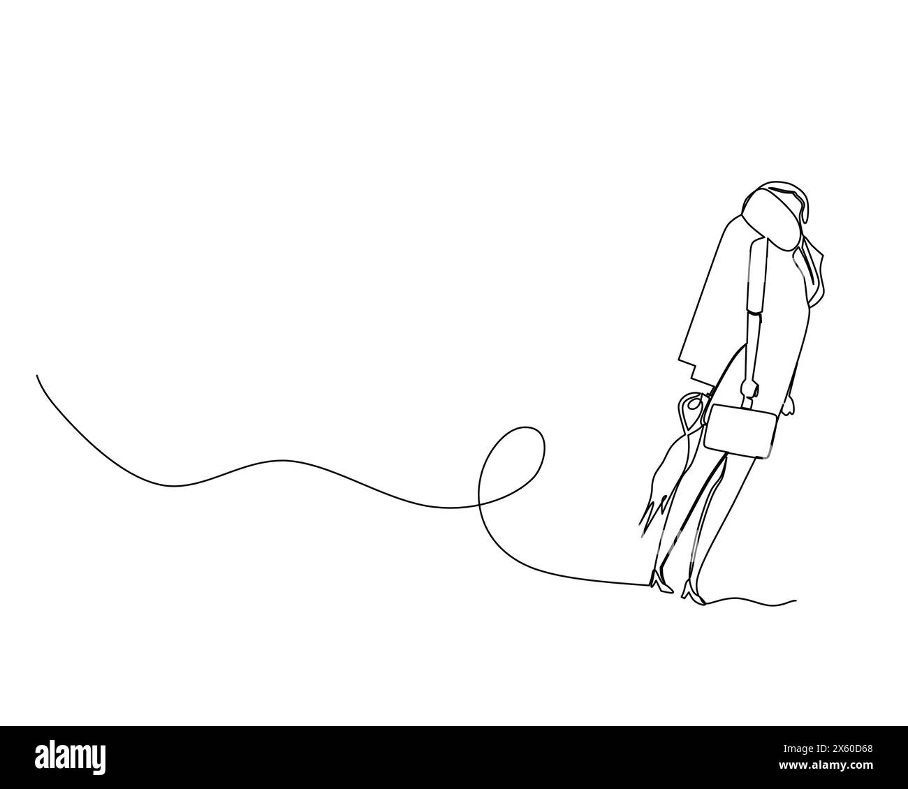 Una sola linea continua una donna d'affari che si trova alla fine della strada. . Concetto di crescita aziendale. Illustrazione vettoriale del progetto Illustrazione Vettoriale