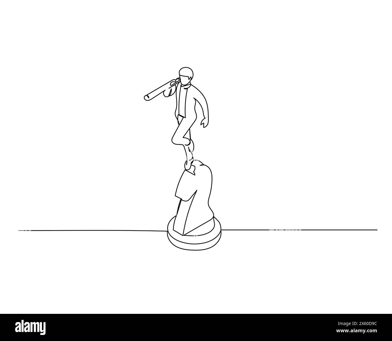 Un solo uomo d'affari che guarda attraverso un telescopio su un cavallo da scacchi. Concetto di strategia di crescita aziendale. Illustrazione vettoriale del progetto Illustrazione Vettoriale