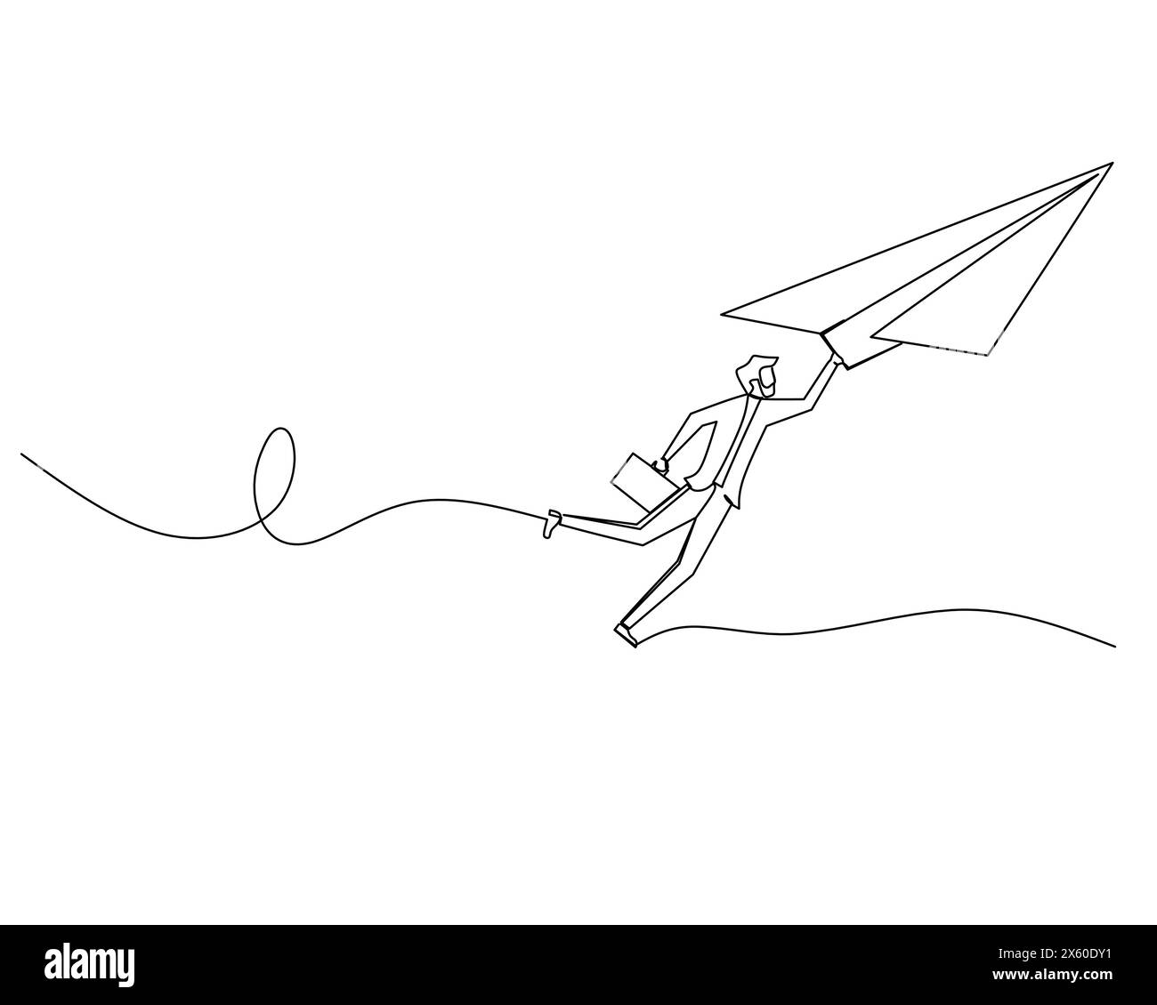 Un solo disegno continuo di un uomo d'affari volante che si aggrappa su un aereo di carta. Concetto di strategia di crescita aziendale. Illustrazione vettoriale del progetto Illustrazione Vettoriale