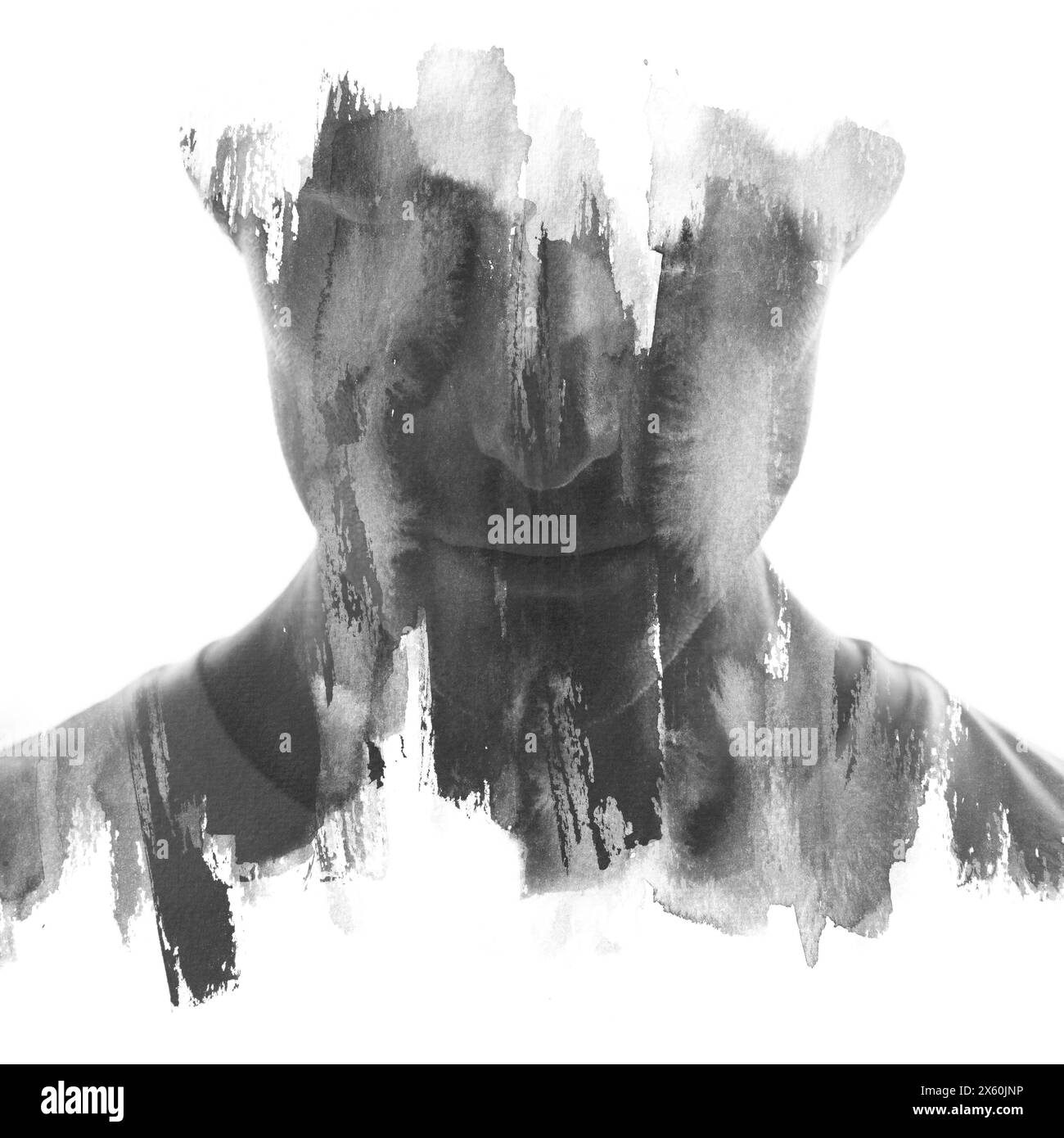 Un tratto di pittura bianco e nero su tutta la parte anteriore, ritratto di un uomo Foto Stock