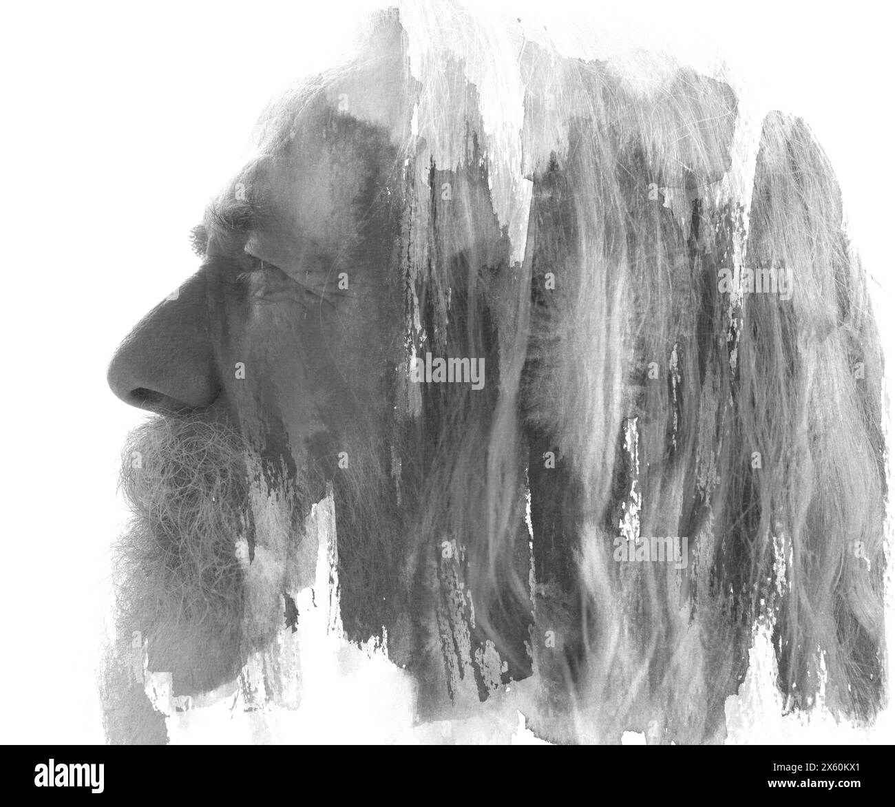 Un profilo a doppia esposizione di un vecchio barbuto Foto Stock