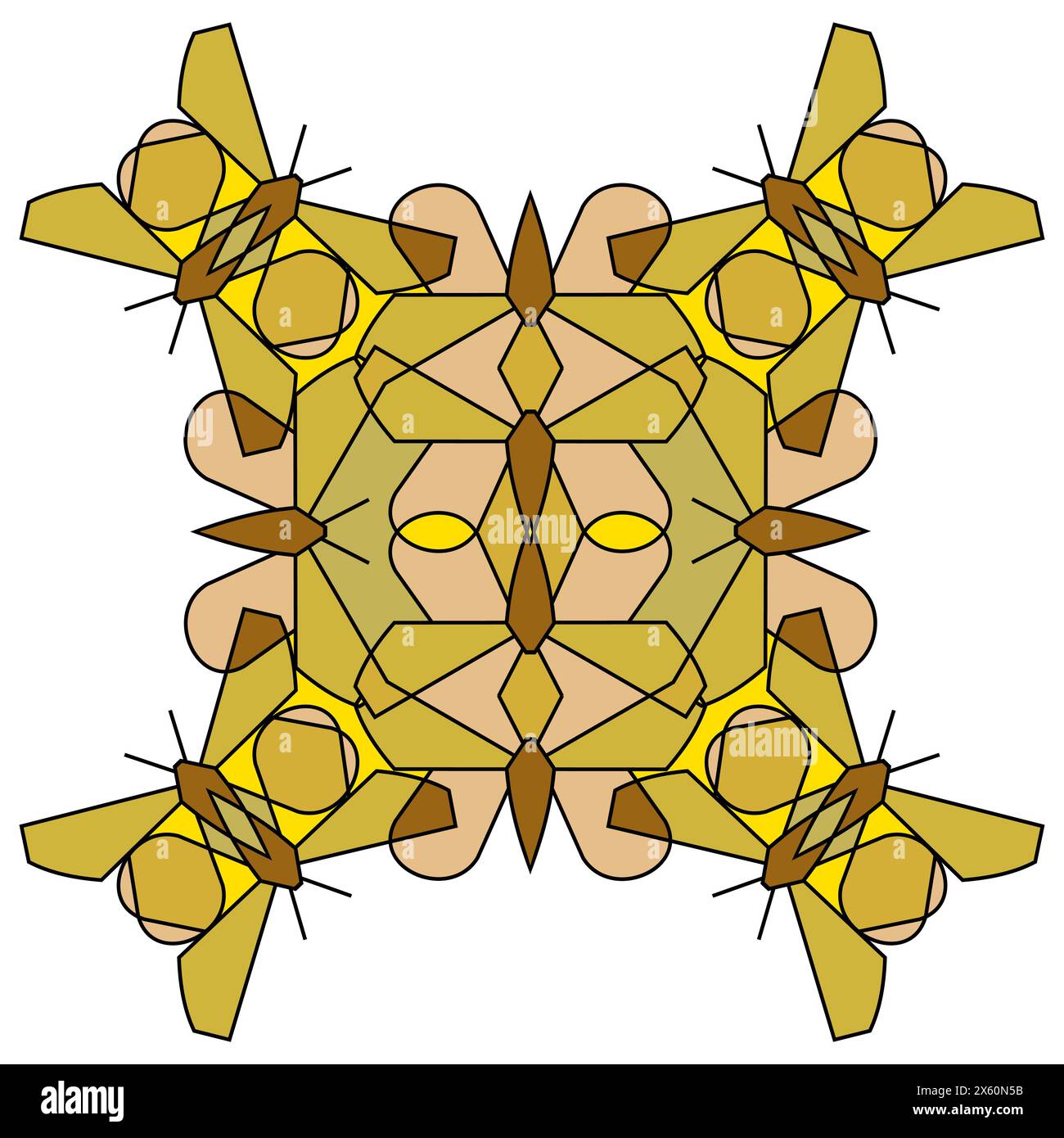 Ornamento di figure geometriche di farfalle in stile combinatorio in colori oro, mandala su sfondo bianco Illustrazione Vettoriale
