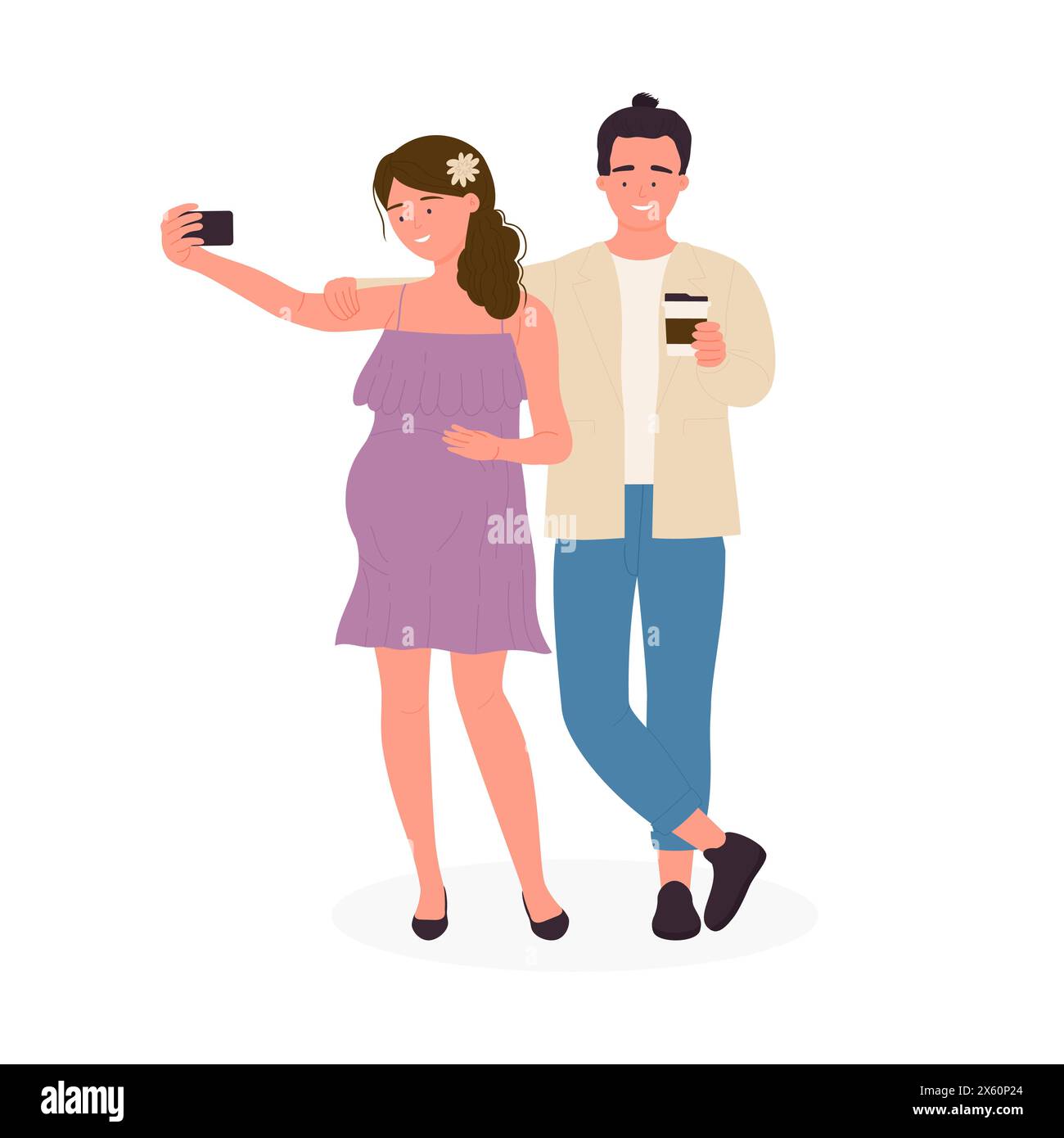 Marito felice, moglie o giovane coppia in piedi insieme per scattare un'illustrazione vettoriale selfie Illustrazione Vettoriale