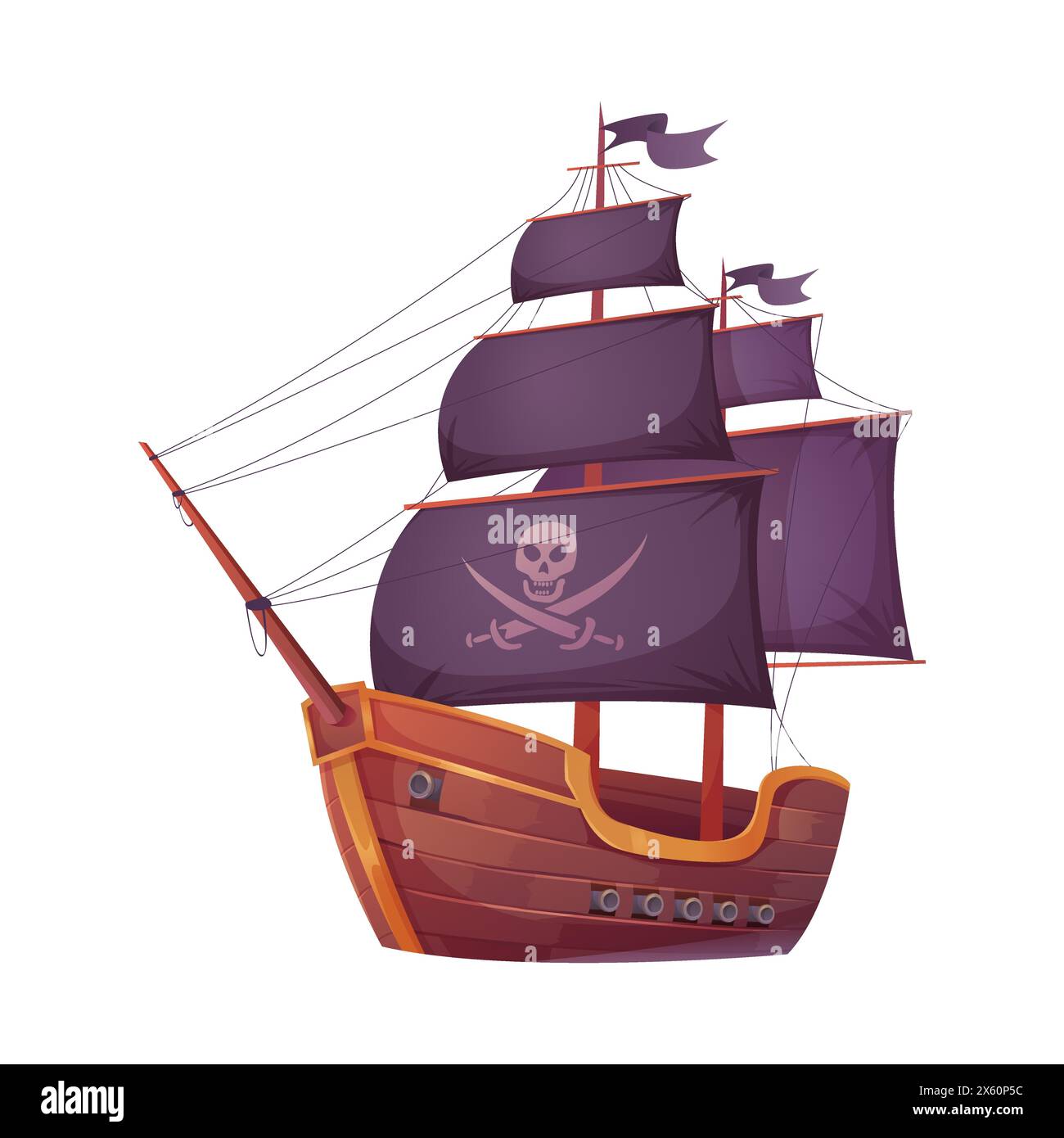 Nave dei pirati con cranio e ossa incrociate, vele nere sull'albero e illustrazione vettoriale dei cannoni Illustrazione Vettoriale