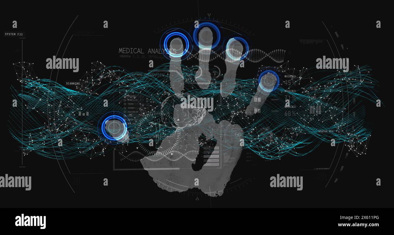 Immagine dell'elaborazione dei dati e del filamento di dna che gira su un'impronta biometrica Foto Stock