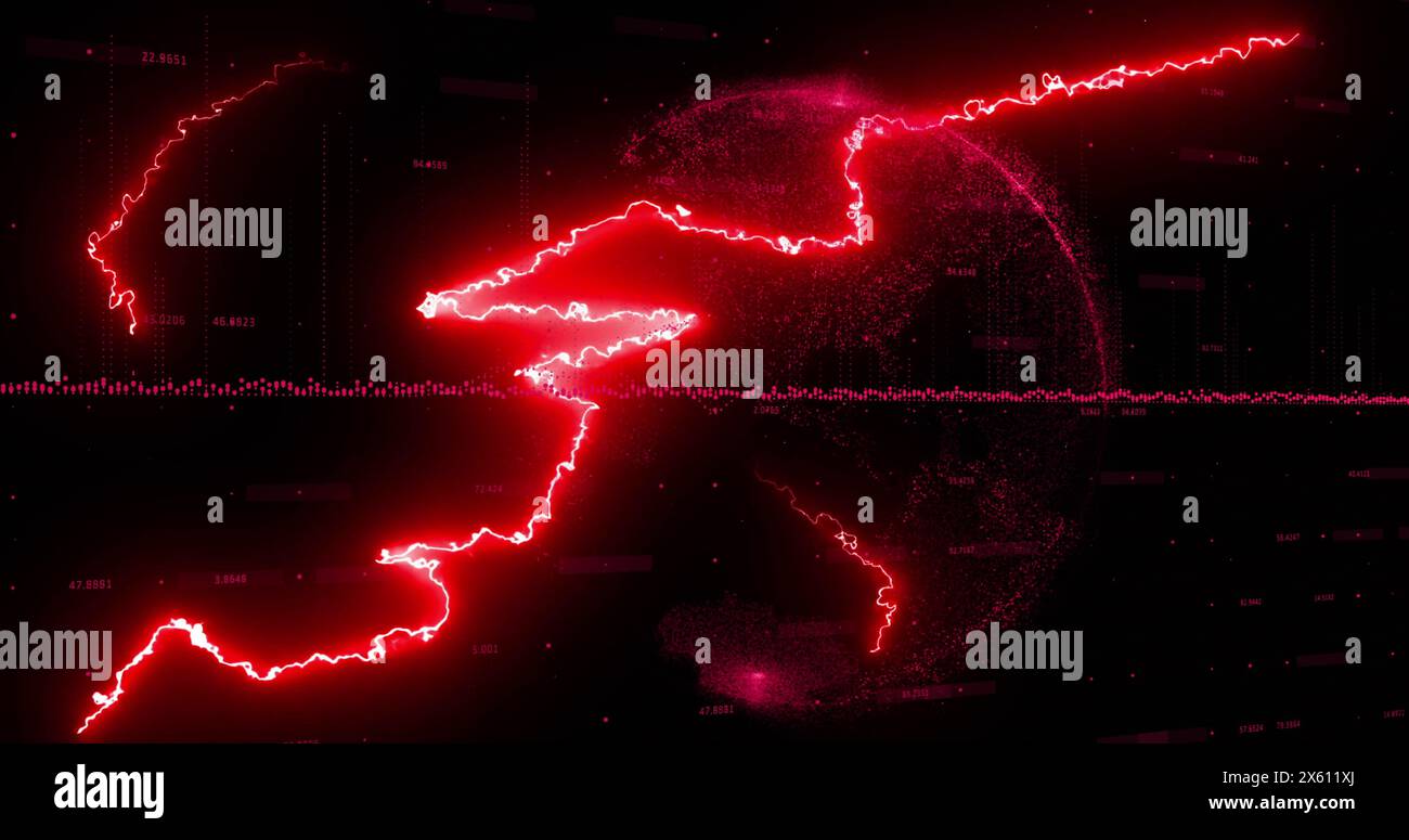Immagine di un fulmine rosso acceso che lampeggia sul globo rosso ed elaborazione dei dati su sfondo nero Foto Stock