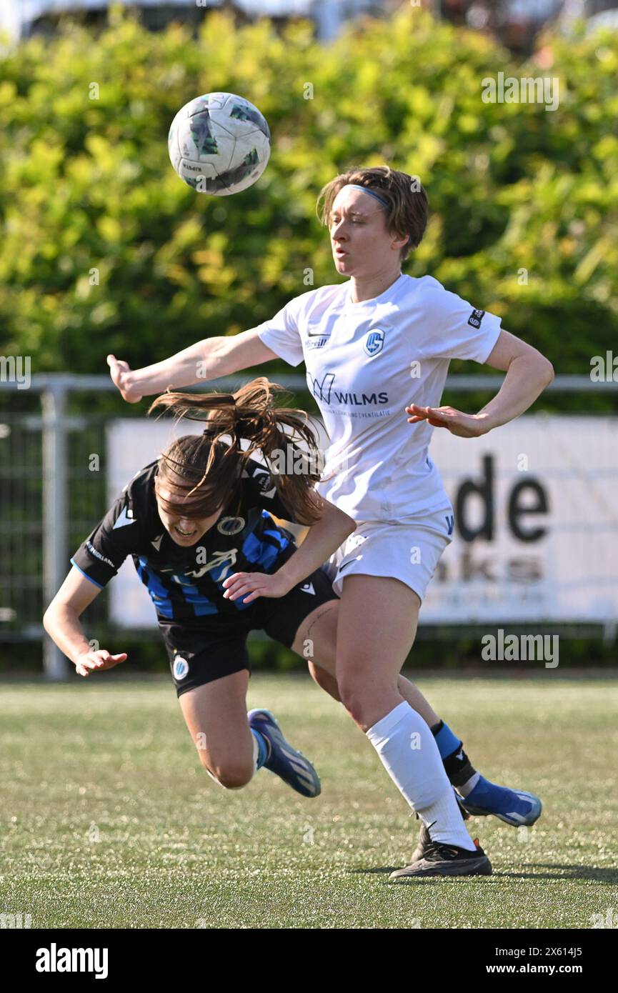 Aalter, Belgio. 11 maggio 2024. Gwyneth Vanaenrode (5) di Genk e Angel Kerkhove (13) del Club YLA nella foto durante una partita di calcio femminile tra il Club Brugge Dames YLA e il KRC Genk Ladies nell'ottava partita nella partita 1 della stagione 2023 - 2024 della belga lotto Womens Super League, sabato 11 maggio 2024 ad Aalter, BELGIO. Crediti: Sportpix/Alamy Live News Foto Stock