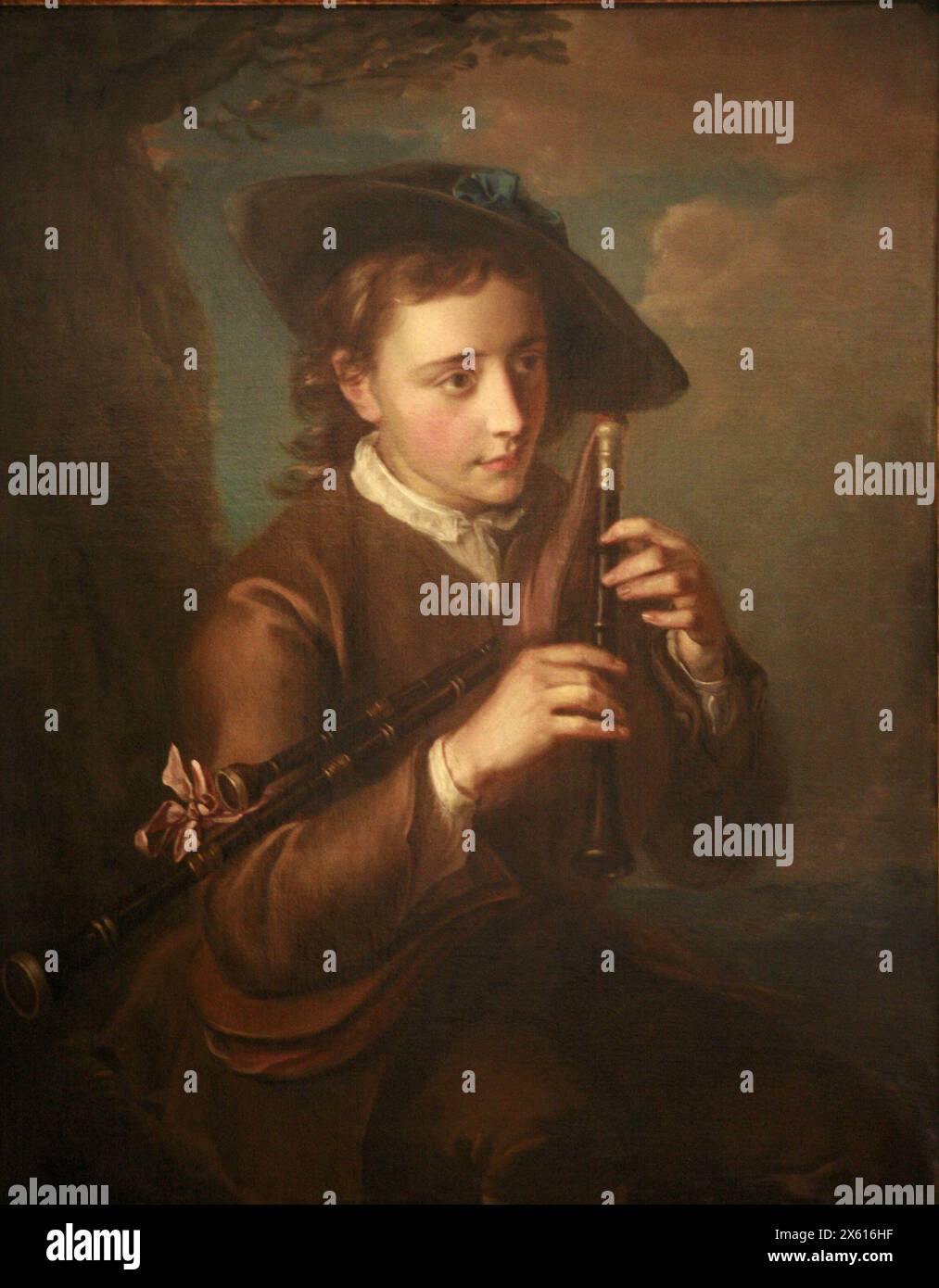 Bagpipe Player, 1740, Musée des Beaux-Arts de Strasbourg Philippe Mercier - Foto Stock