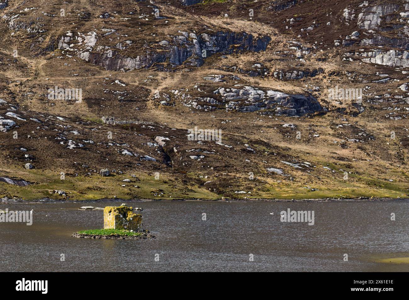 MacLeod's Tower a Loch Tangasdale, sull'isola Ebridea esterna di barra. Foto Stock