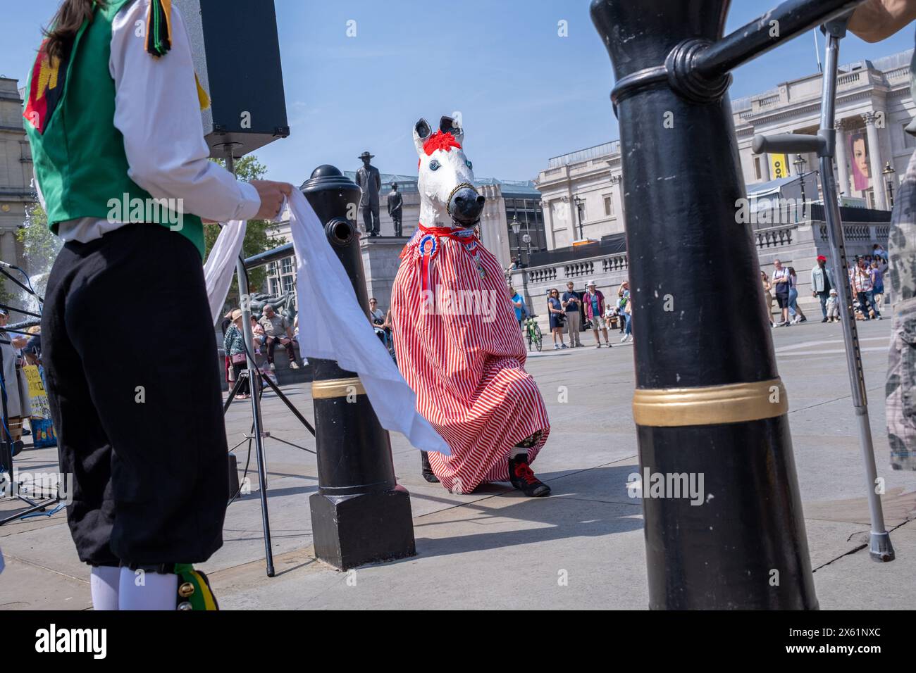 I Westminster Morris Dancers si esibiscono a Trafalgar Square durante l'annuale Day of Dance. Foto Stock