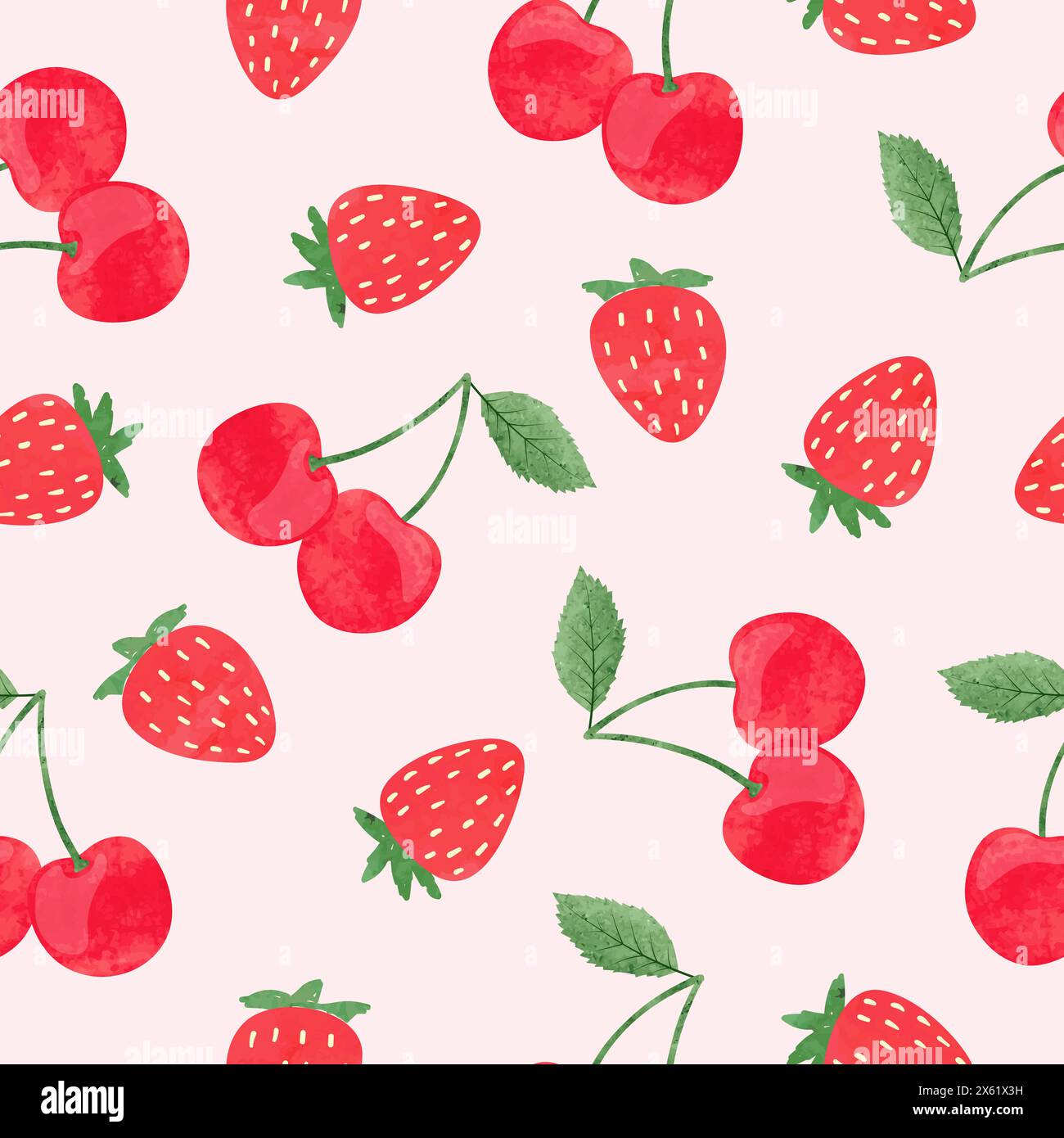 Fragole e ciliegie. Sfondo estivo senza cuciture con bacche rosso acquerello Illustrazione Vettoriale