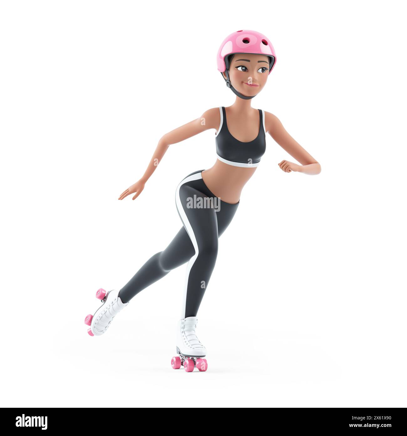 personaggio donna sportiva 3d che fa pattini a rotelle, illustrazione isolata su sfondo bianco Foto Stock